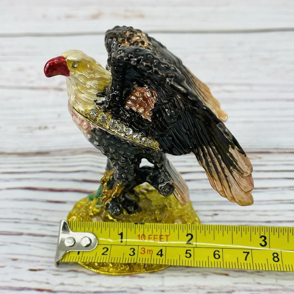 Metal Jeweled Enamel Bald Eagle Trinket Box Rhinestones - Picture 9 of 9